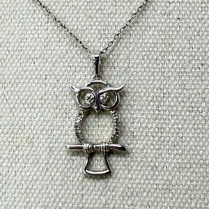 Sterling Silver Owl Pendant‎ Necklace CZ Accents Dainty Chain